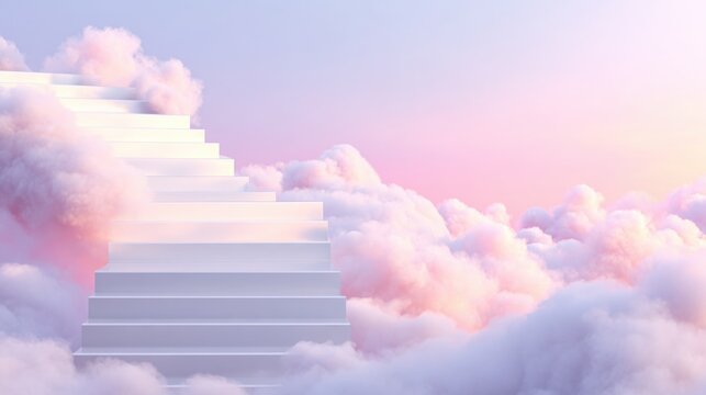 Cloud Steps soft white staircase floating in dreamy pastel clouds, ethereal soft gradients, uplifting calm composition, ample space for overlay text - Powered by Adobe