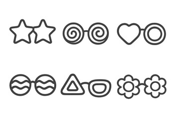 Funny party glasses featuring various shapes like stars, hearts, spirals, and flowers