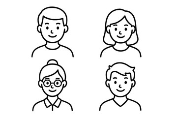 Minimalist black and white line art icons of diverse user profile avatars