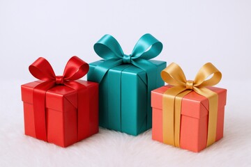 Obraz premium Festive Gift Boxes with Ribbons: Red, Teal, and Gold Presents on White Background, Celebration Theme