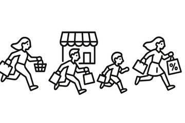 Excited customers running from store carrying shopping bags during massive sale