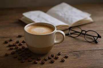 Cozy Coffee Break: A Cup of Coffee, Open Book and Eyeglasses on Wooden Table