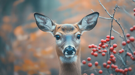 Closeup deer muzzle near forest berries, soft tones