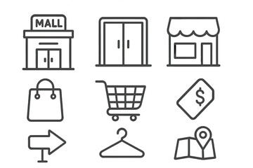 Collection of shopping and retail symbols including storefront, cart, bag, and location map