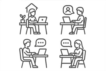 People working remotely and communicating online using laptops icon set