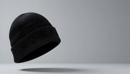 Black knitted beanie hat floating mid-air with soft shadow on a clean, light grey studio background. black beanie