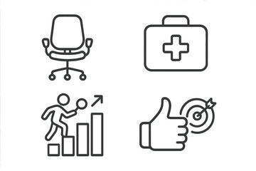 Concepts illustrating business success, healthcare assistance, furniture, and professional goal achievement