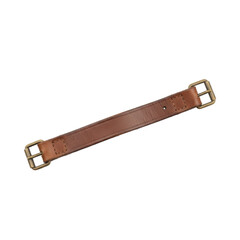 A vintage brown leather strap with brass buckles for bags or luggage detail isolated on black