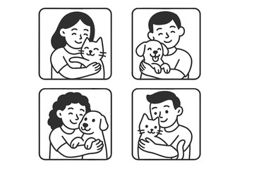 Diverse individuals happily embracing their beloved domestic pets including cats and dogs
