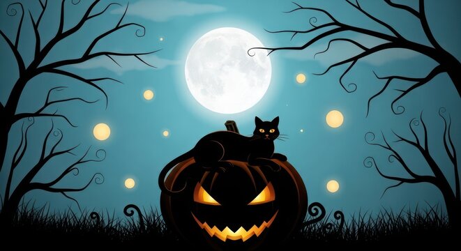 Eerie night with black cat perched atop a jack-o'-lantern under full moon glow