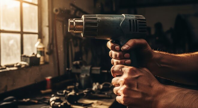 Craftsman wielding a heat gun in a workshop environment illuminated by warm light