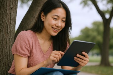 Fototapeta premium Smiling Asian Woman Using Tablet Outdoors, Enjoying Digital Technology and Connection in a Natural Setting
