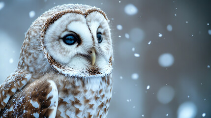 Closeup owl with snowflakes on feathers, silent cold atmosphere
