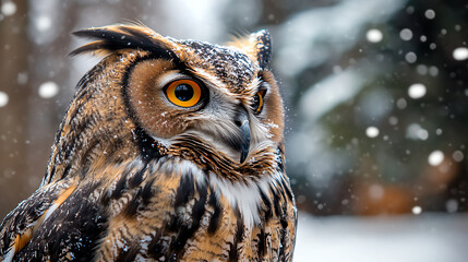 Closeup owl with snowflakes on feathers, silent cold atmosphere