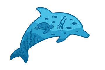 Blue dolphin silhouette filled with ocean life sea turtle squid and small fish