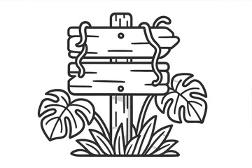 Old wooden blank signpost with tropical jungle leaves and hanging vines
