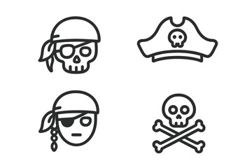 Four outline pirate symbols including Jolly Roger skull and crossbones with tricorn hat