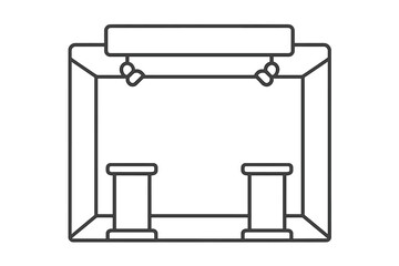 Empty trade show booth structure featuring display pedestals and overhead lighting