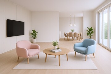 Fototapeta premium Bright Modern Living Room Interior with Stylish Furniture and Minimalist Decor for Real Estate