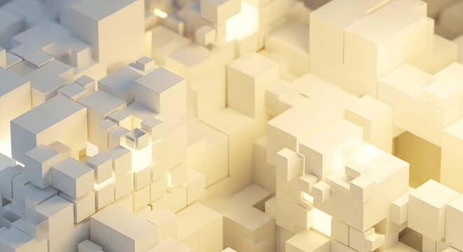 Abstract arrangement of white cubes with soft lighting creating a modern geometric design