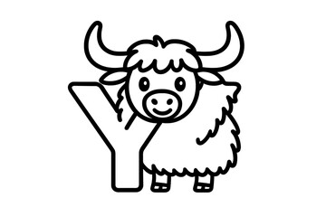 Cute cartoon yak character standing next to capital letter Y for alphabet learning