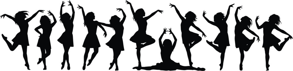 Large group of female dancers and ballerina silhouettes set, performing various graceful poses, isolated on white background, symbolizing choreography, ballet, fitness, and artistic expression.