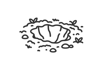 Minimalist black and white hole or pit dug in the ground with grass and pebbles