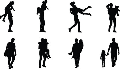 Happy parents and children silhouettes set, showing fun activities like carrying, piggyback rides, walking, and holding hands, isolated on white background, symbolizing love and family.