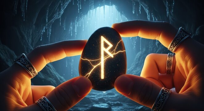 Illuminated rune stone held aloft in a mystic cave ritual for ancient divination