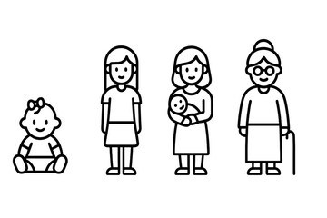 Female life cycle stages from baby to senior woman showing different ages and roles