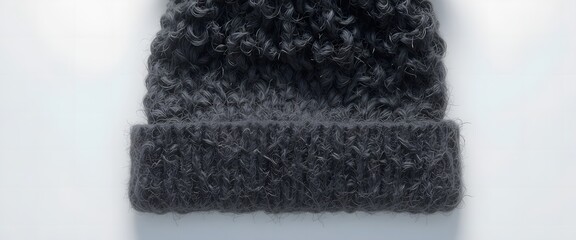 Close-up of a cozy, dark gray, fuzzy knit beanie with intricate texture details, perfect for winter fashion. black beanie