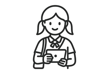 Young student girl with pigtails holding a digital tablet for online learning