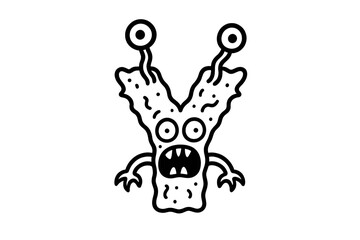 Scary cartoon monster character with multiple eyes and sharp teeth in black and white outline
