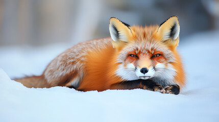 Fototapeta premium Closeup red fox resting on snowy ground, calm winter mood