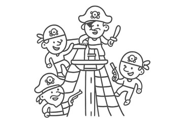 Cheerful cartoon pirates climbing a ship mast structure ready for swashbuckling adventure