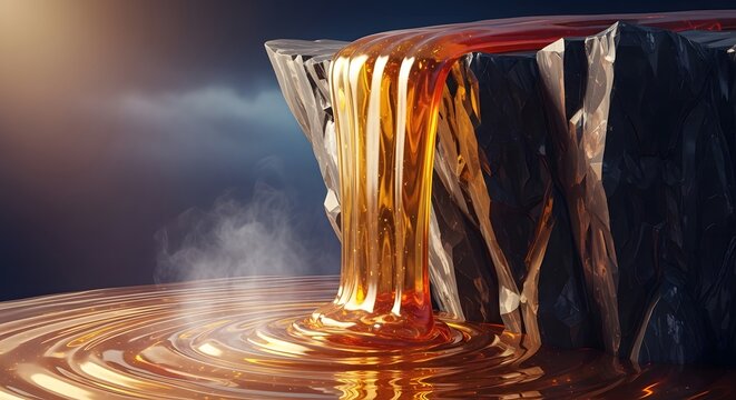 An abstract representation of a price decline as a waterfall of golden, viscous honey, pouring off the edge of a jagged, crystalline cliff, emphasizing abundance turning to waste - Powered by Adobe