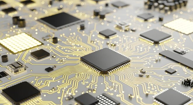 Close up view of a gray circuit board with black microchips and glowing yellow wiring patterns