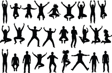Group of energetic people jumping and dancing in various dynamic poses, joyful human silhouettes, active movement vector illustration set