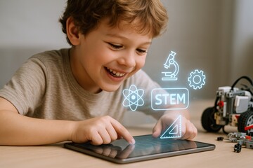 Smiling Boy Engaged in STEM Education Using a Tablet with Holographic Icons Displayed for Learning
