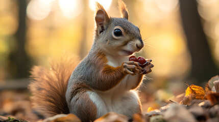 Obraz premium Closeup squirrel holding berry in forest light, soft natural tones