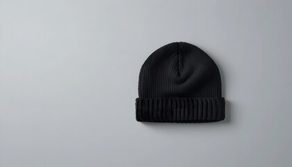 Black knitted winter beanie hat on a light grey background, a comfortable and stylish headwear accessory. black beanie