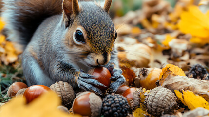 Obraz premium Closeup squirrel with acorn and fruit mix, soft forest texture