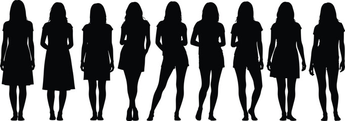 Collection of standing young woman silhouettes in various poses fashion female figure vector illustration isolated on white background design