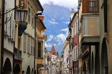 Historic alley in the Italian town of Merano, South Tyrol, Italy