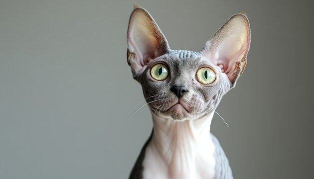 Closeup of an Adorable Sphynx Cat with Unique Features and Striking Green Eyes on Neutral Background