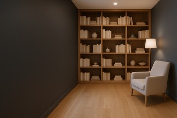 Fototapeta premium Cozy Reading Nook with Bookshelf, Armchair, and Warm Lighting in a Modern Interior Design