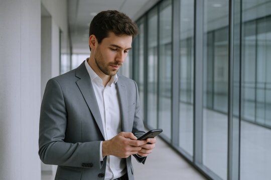 Professional Businessman Using Smartphone in Modern Office Building, Checking Email, Texting and Browsing Internet