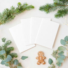 Christmas Flat Lay with Blank Greeting Cards and Gingerbread Cookie