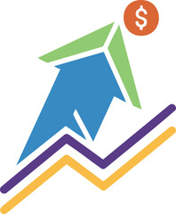 Bold upward arrow with profit lines and dollar coin, representing financial growth, revenue increase, and positive business performance