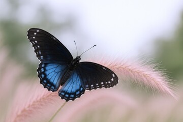 Fototapeta premium Stunning Red Spotted Purple Butterfly Perched on a Delicate Grass Seed Head in Summer